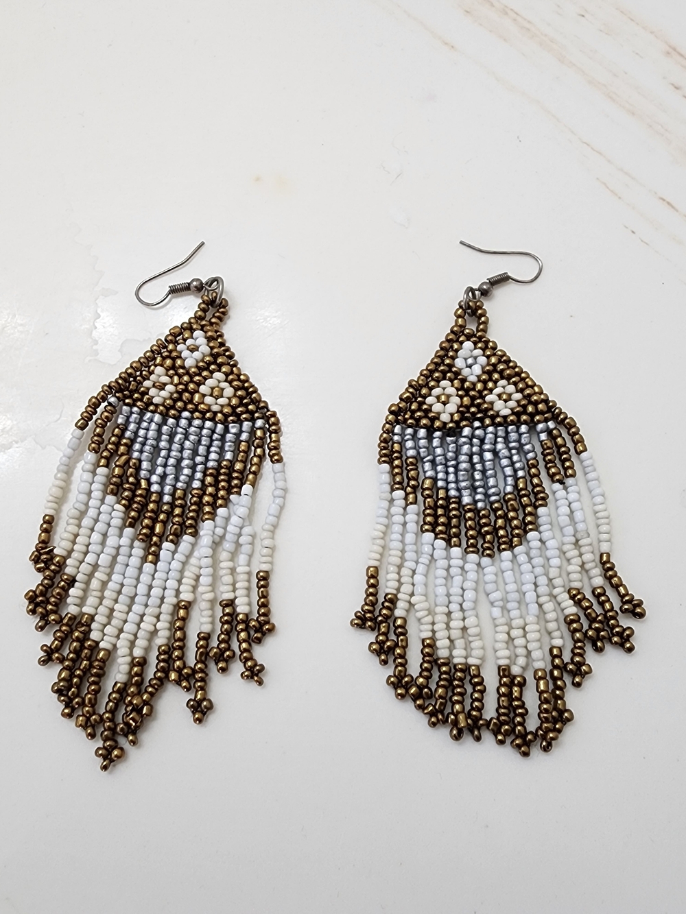 Handcrafted White, Gold & Silver Beaded Fringe Earrings